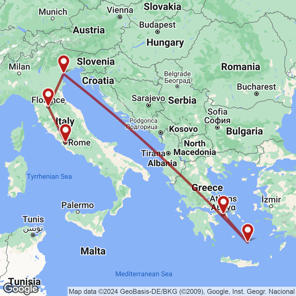 Route for Rome, Florence, Venice, Santorini, Athens tour